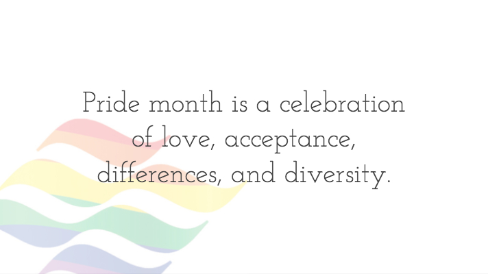 Pride Month is a celebration of love, acceptance, differences, and diversity on a white background with a rainbow Marine Atlantic waves logo