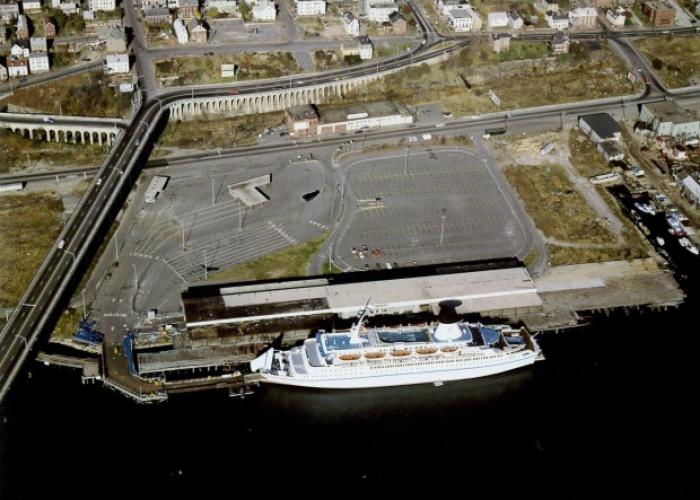 Aerial of ship docked in portland, maine