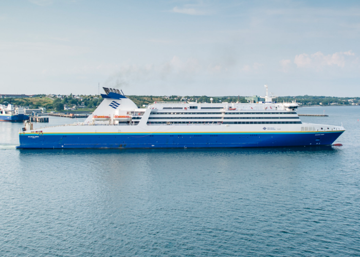 side view of Atlantic Vision leaving port