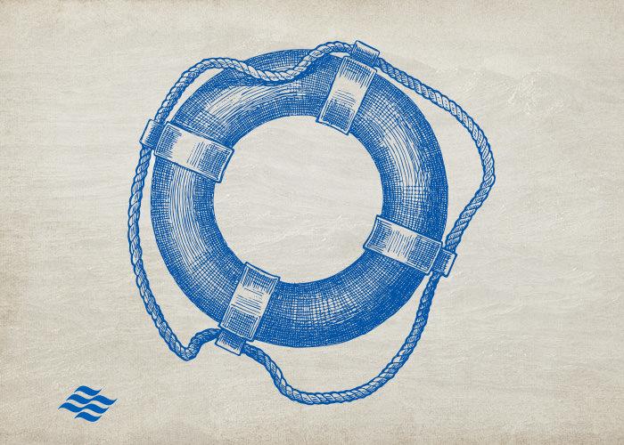 blue life preserver ring on parchment paper textured background