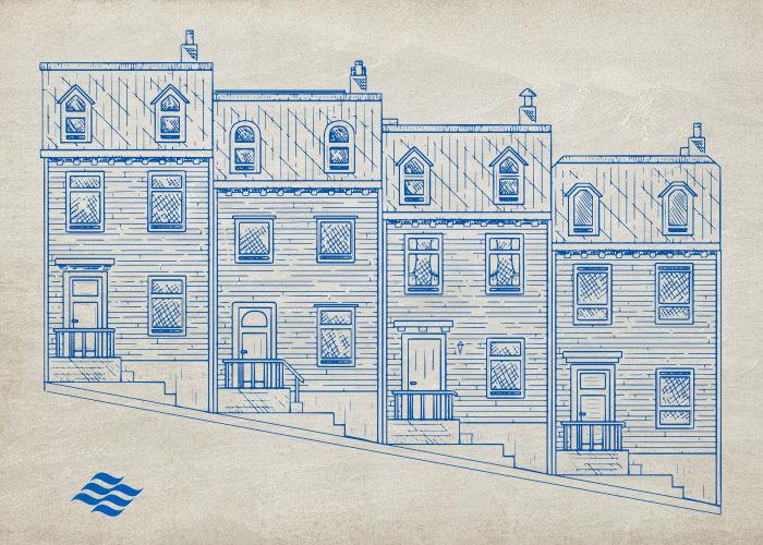 blue row of houses on parchment paper textured background