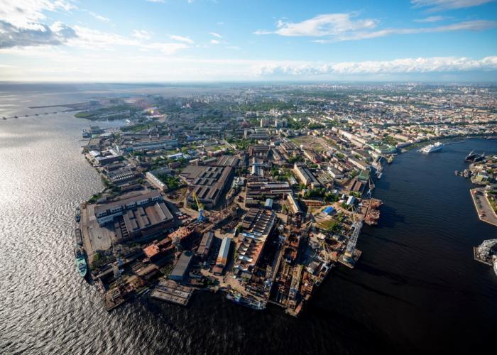 Birds eye view of a shipyard