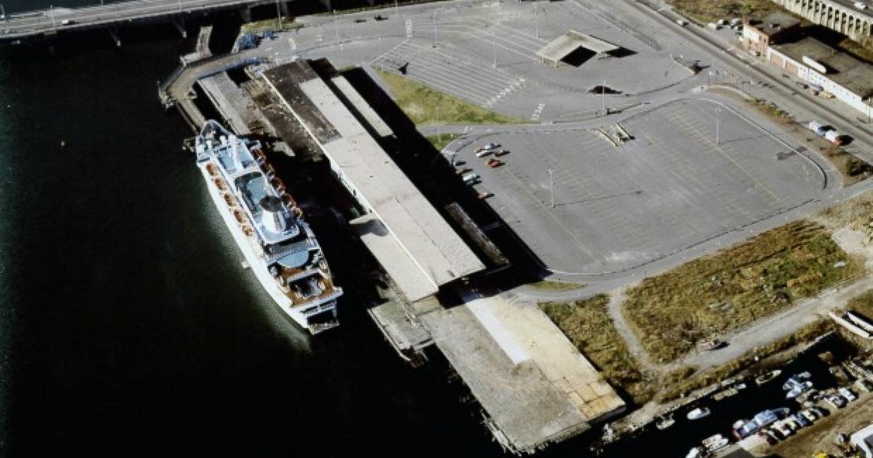 Aerial of ship docked in portland, maine