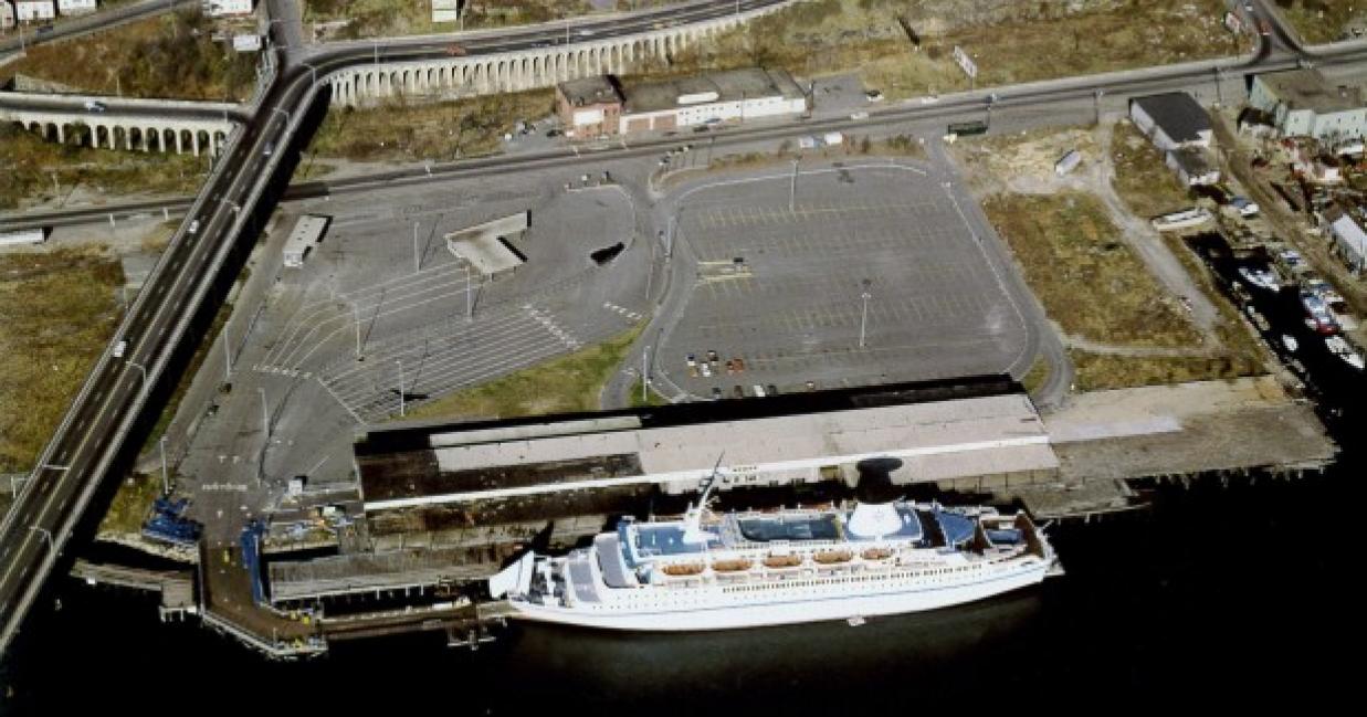 Aerial of ship docked in portland, maine