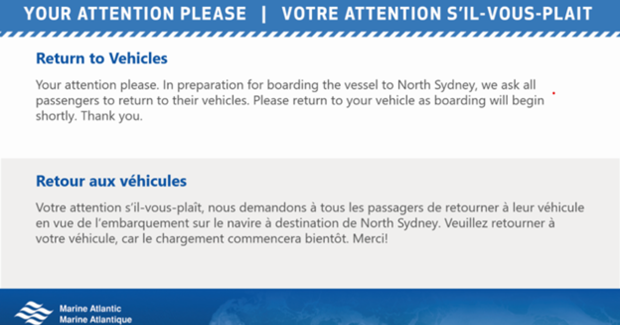 A sample image of a visual announcement, depicting text on a white background. Text includes instructions for customers to return to their vehicles.