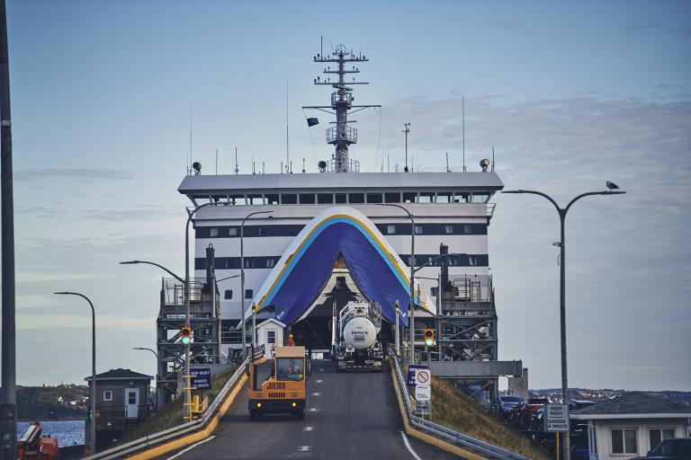 Trucks loading onto Marine Atlantic ferry