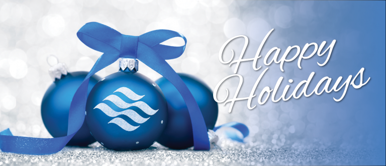 Image: 3 medium blue Christmas tree bulbs. Text: Happy Holidays