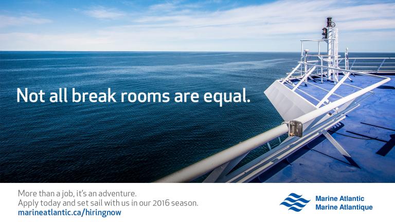 Image: view of the ocean from the top of a ship. Text: Not all break rooms are equal.