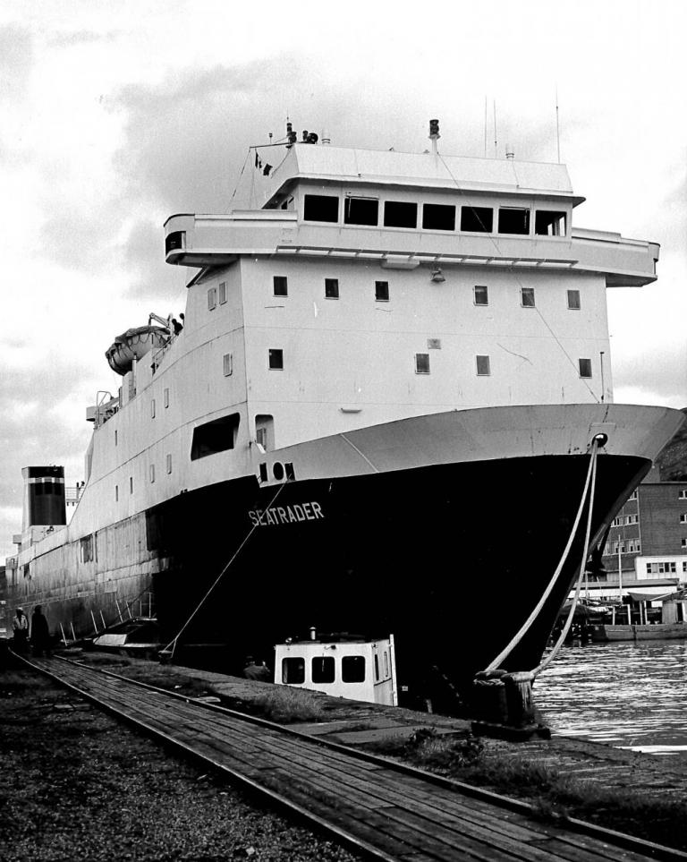 Image: Black and white photo of the MV Seatrader