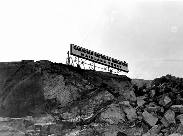 Image: black and white, Newfoundland Railway sign in Port aux Basques