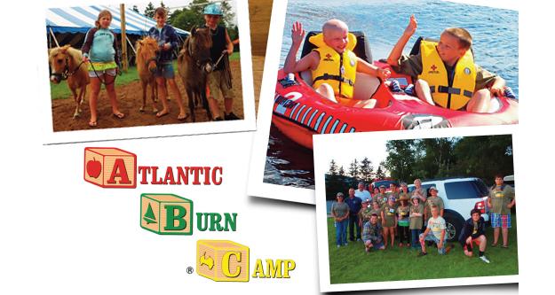 Text: Atlantic Burn Camp. 3 Images: 3 Children leading ponies, 2 children wearing life-jackets in a red inflatable raft, campers and counselors posing in front of a white SUV