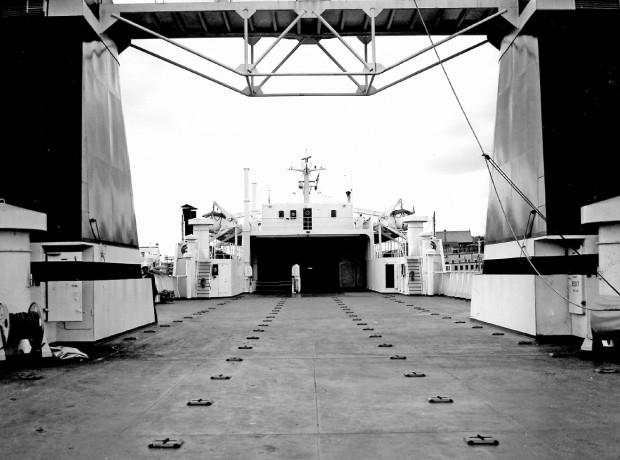 black and white image of the vehicle deck on the Stena Carrier
