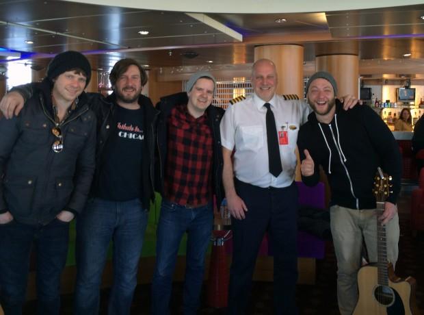 Captain Stan Peet of the MV Atlantic Vision, with Alert The Medic band members Ryan, Dale, Troy and Matt 