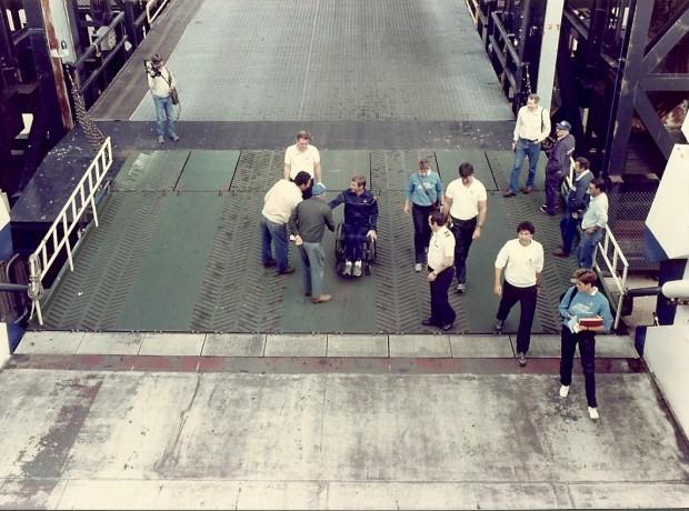 Rick Hansen boarding the vessel circa 1980s