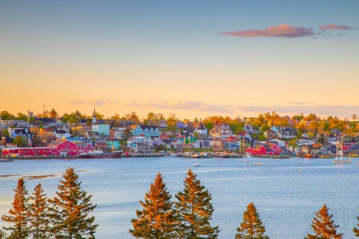 a scenic shot of Lunenburg's waterfront from across the harbour
