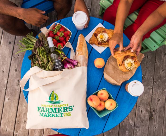 blue circular table with farmer's market finds placed on it