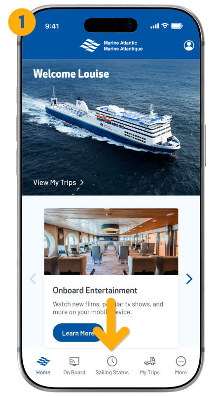 arrow pointing to sailing status on bottom of screen