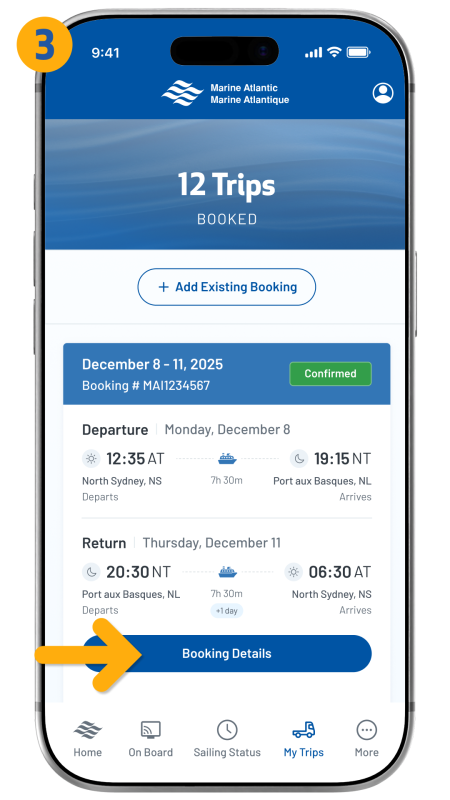 arrow pointing to booking details button