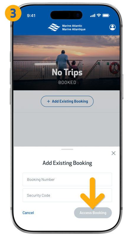 arrow pointing to access booking button in bottom right