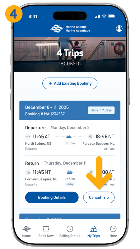 arrow pointing to the cancel trip button