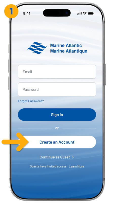 arrow pointing to create an account button