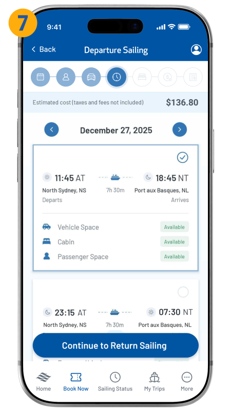 departure sailing screen shown