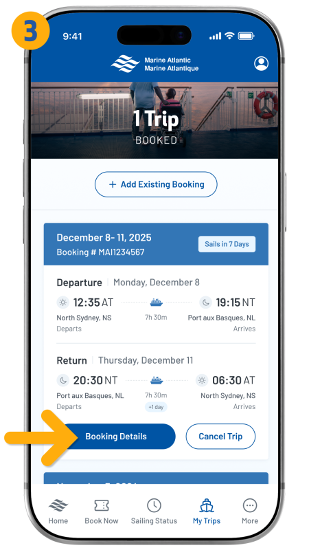 arrow pointing to booking details button