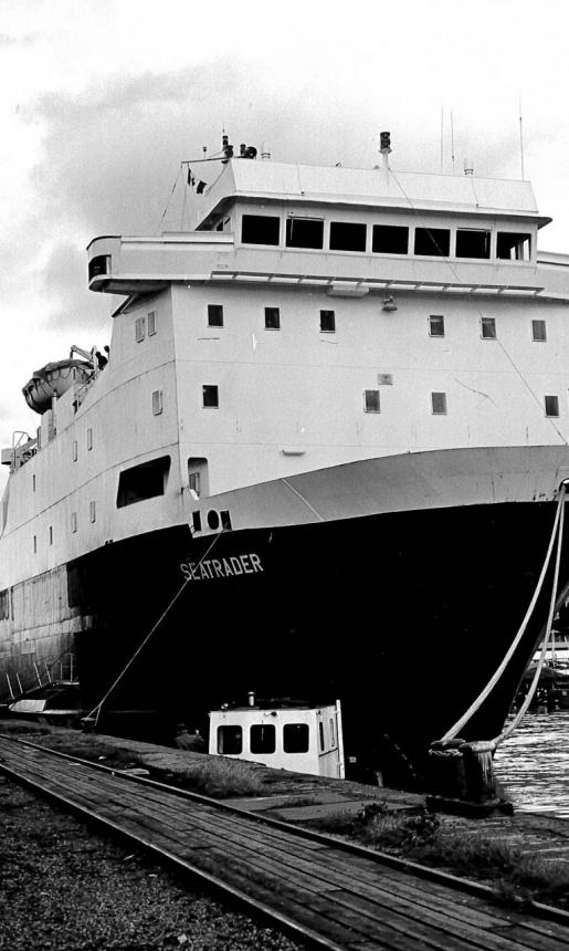 Image: Black and white photo of the MV Seatrader