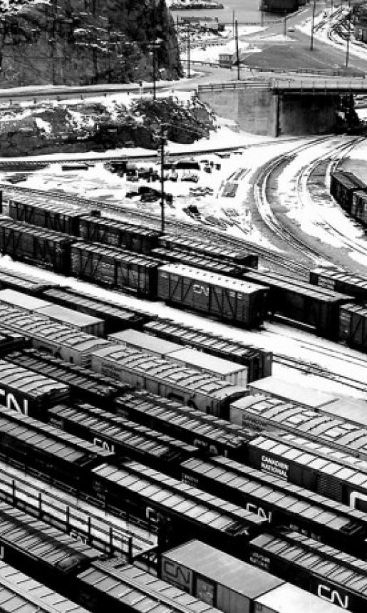 Image: black and white, view of railway yard 