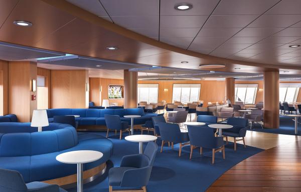 Ship lounge with curved seating, round tables, wood-paneled walls, and large windows overlooking the ocean